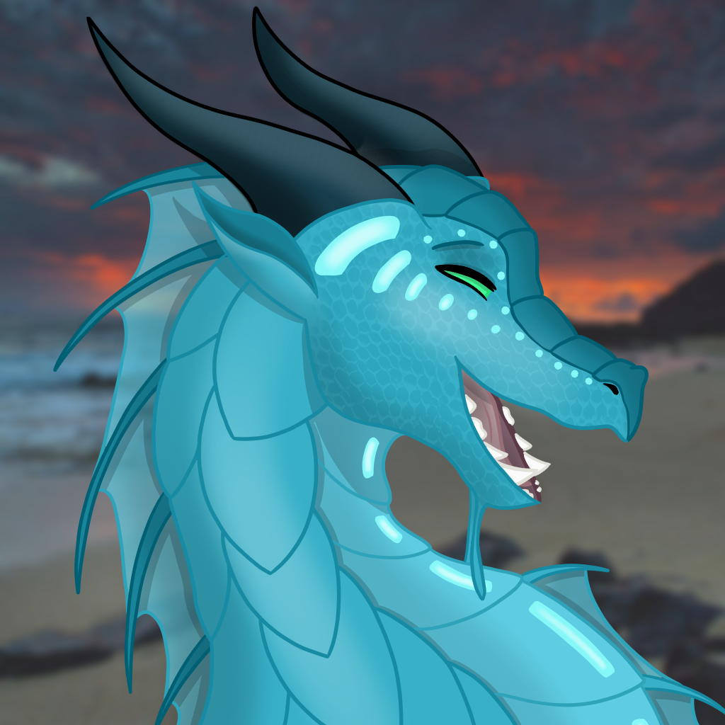 A smiling portrait of my SeaWing self with a beach in the background